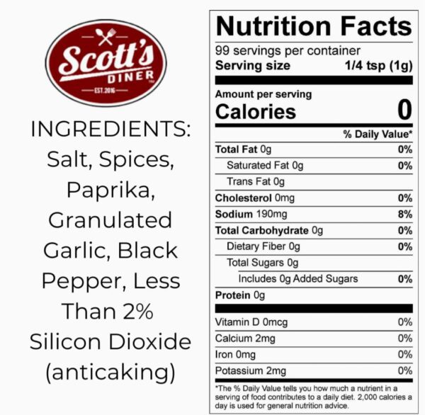 Scott's Diner Signature Seasoning Quarterly Subscription nutrition facts label.