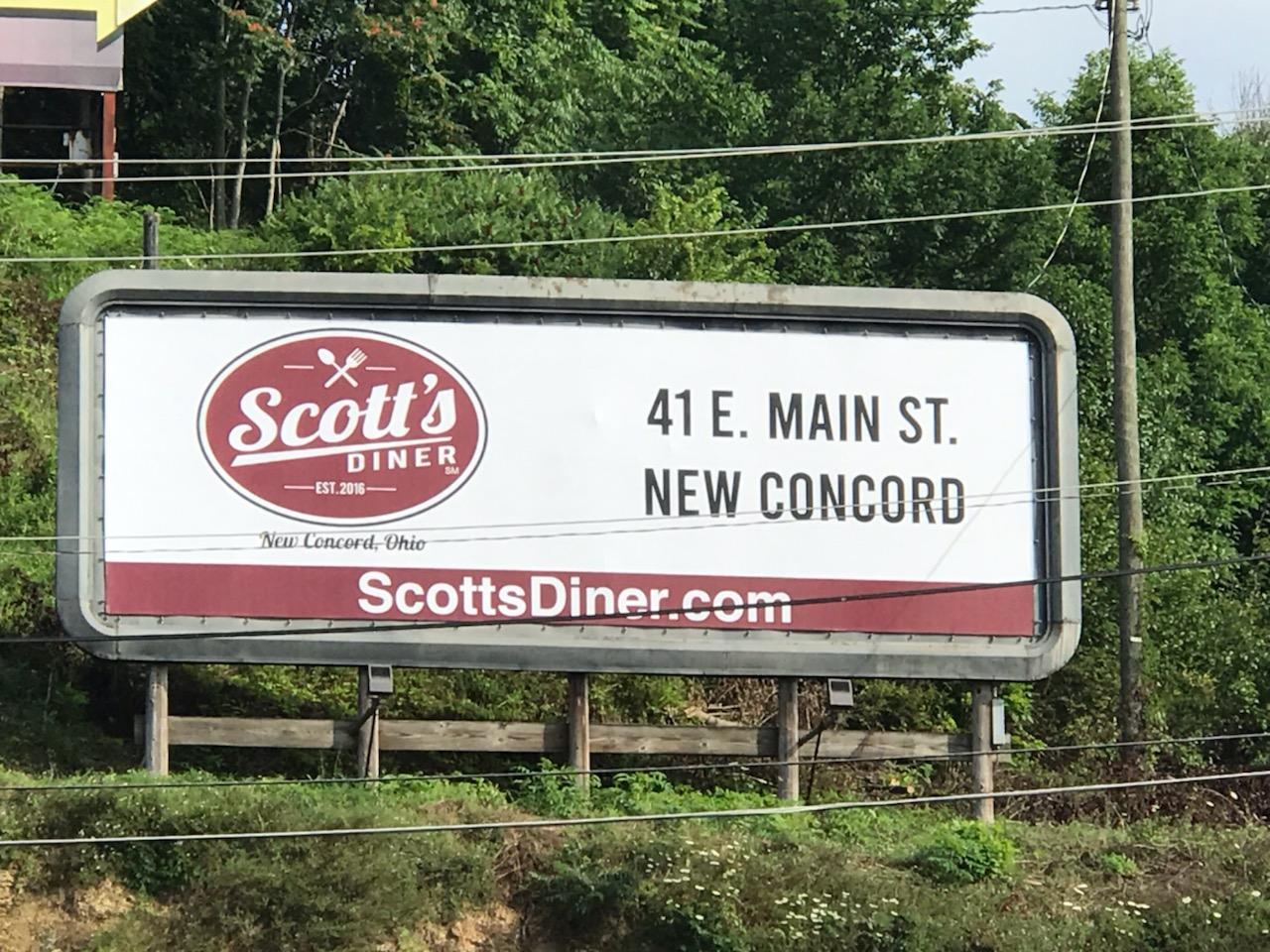 Scott's Diner billboard in New Concord, Ohio.