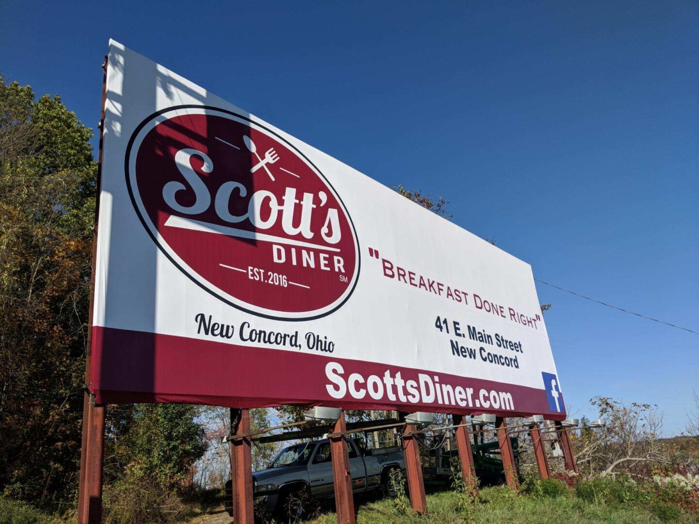 Scott's Diner billboard in New Concord, Ohio.